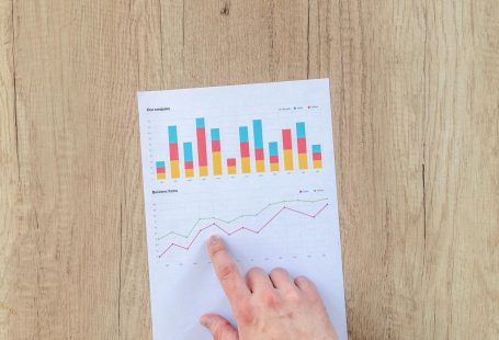 A hand points to colorful business charts and graphs on a paper sheet on a wooden desk.